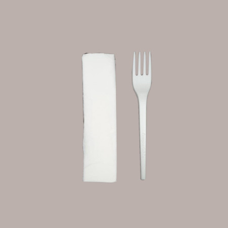 50 Pz Forchetta PLA + Tovagliolo Posate Bio Eco Imbustato Singolo [e6695080]