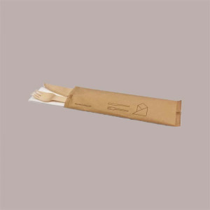 50 Bis Imbustato Monouso Forchetta e Coltello in Legno + Tovagliolo