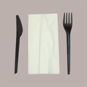 50 BIS Bio Monouso Forchetta e Coltello CPLA NERO + Tovagliolo