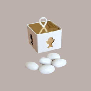 20 Pz Scatolina in Carta Bianca con Interno Oro con Cordino Grafica Calice Ideale per Contenere Confetti 50x50x50 mm