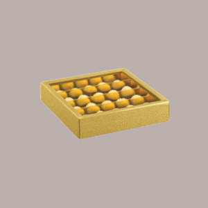 10 Scatola Porta Cioccolatini in Cartoncino Oro con Inserto Oro e Fascia Trasparente 145x145H35mm [55e306de]