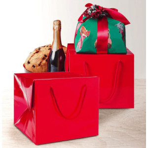 Bag Box Porta Panettone Carta Rosso Lucido con Cordino 24,5+24,5x20 cm 10 pezzi