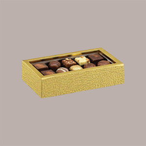 Scatola Porta Cioccolatini e Prodotti Dolciari in Pelle Oro con Fascia 145x75H35 mm 10 Pezzi