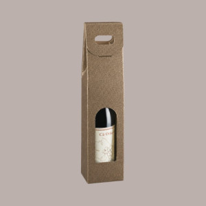 20 Pz Scatola Astuccio Porta 1 Bottiglia 750 ml Olio Vino Cartoncino Marrone grafica effetto pelle con Finestra 90x90H385mm
