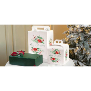 Scatola per Confezione Regalo Natale Porta Panettone Bottiglia Valigetta Grande Carta Bianco Merry Christmas 430x240H345mm 5 Pz